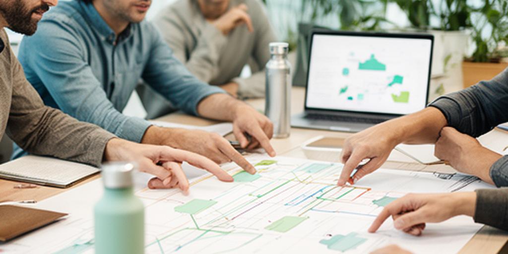 Engineers and sustainability practitioners discussing a process map around a table in a light-filled office
